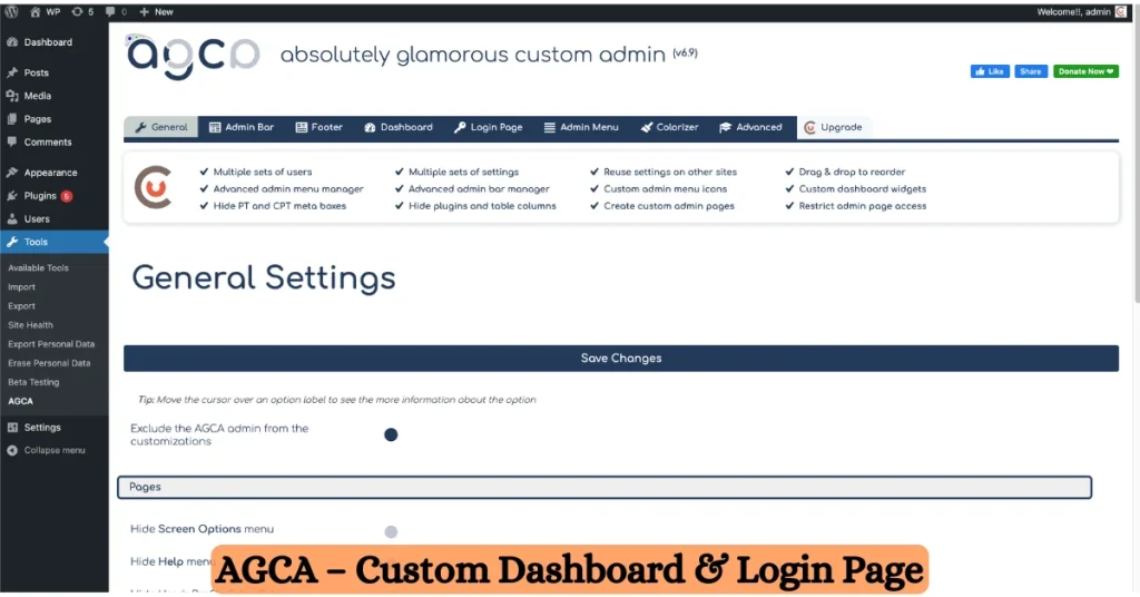 AGCA – Custom Dashboard & Login Page  WP Admin